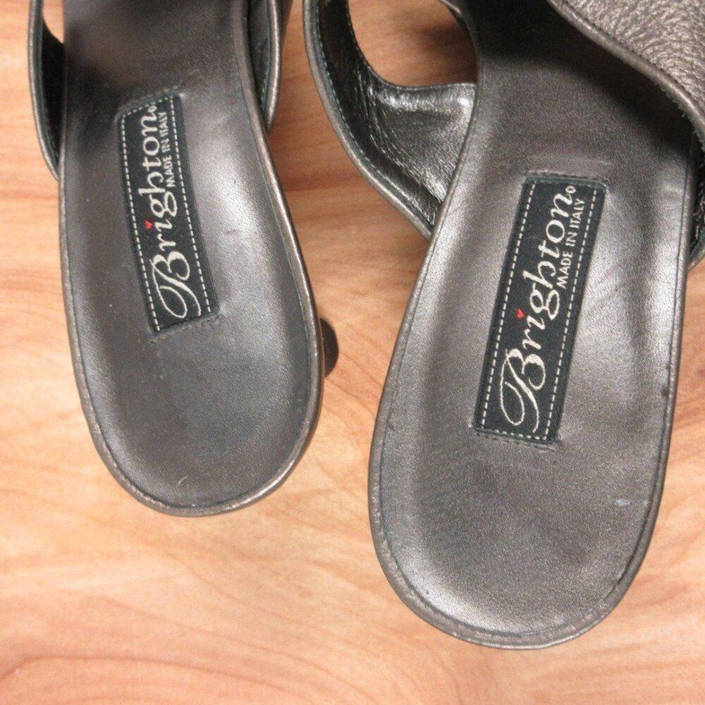 BRIGHTON Tresor Grey Metallic Leather Slides Womens Size 7.5 Kitten Heel Sandals - Picture 8 of 12